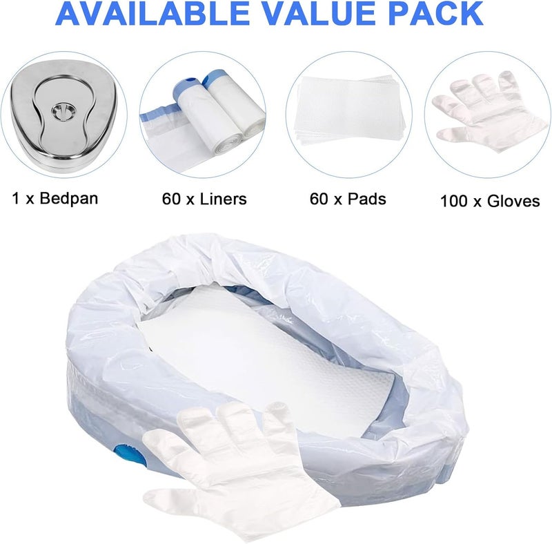 HAOAD Store Stainless Steel Bed Pan Set with 60 Bedpan Liners Disposable and Absorbent Pad, Bed Pans for Elderly Females Spill Proof Bedpans for Elderly Women Men Comfortable Heavy Duty Bedpans with Lid - Image 2